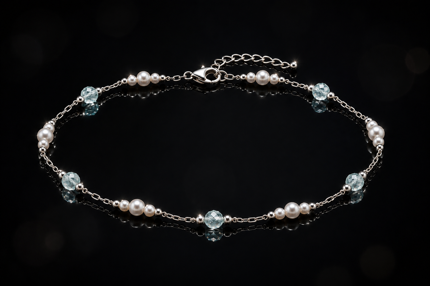 14 kt./Rhodium Freshwater Pearl & Aquamarine Station Anklet in Stainless Steel