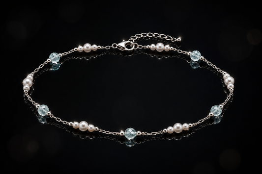 14 kt./Rhodium Freshwater Pearl & Aquamarine Station Anklet in Stainless Steel