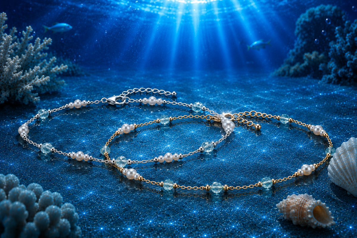 14 kt./Rhodium Freshwater Pearl & Aquamarine Station Anklet in Stainless Steel