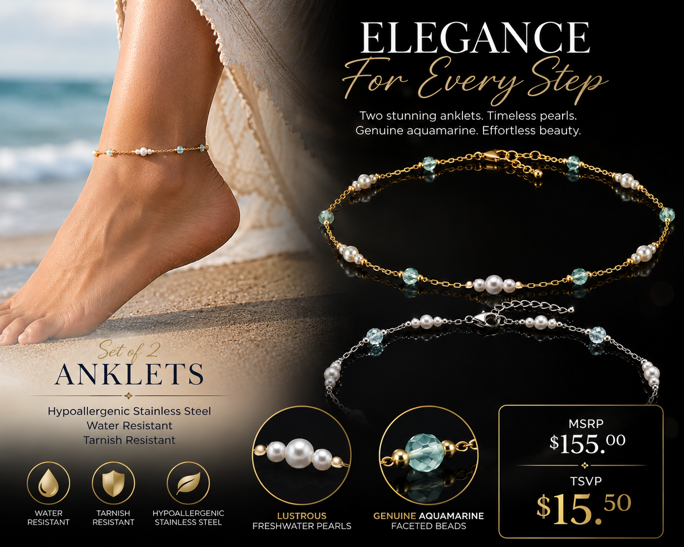 14 kt./Rhodium Freshwater Pearl & Aquamarine Station Anklet in Stainless Steel