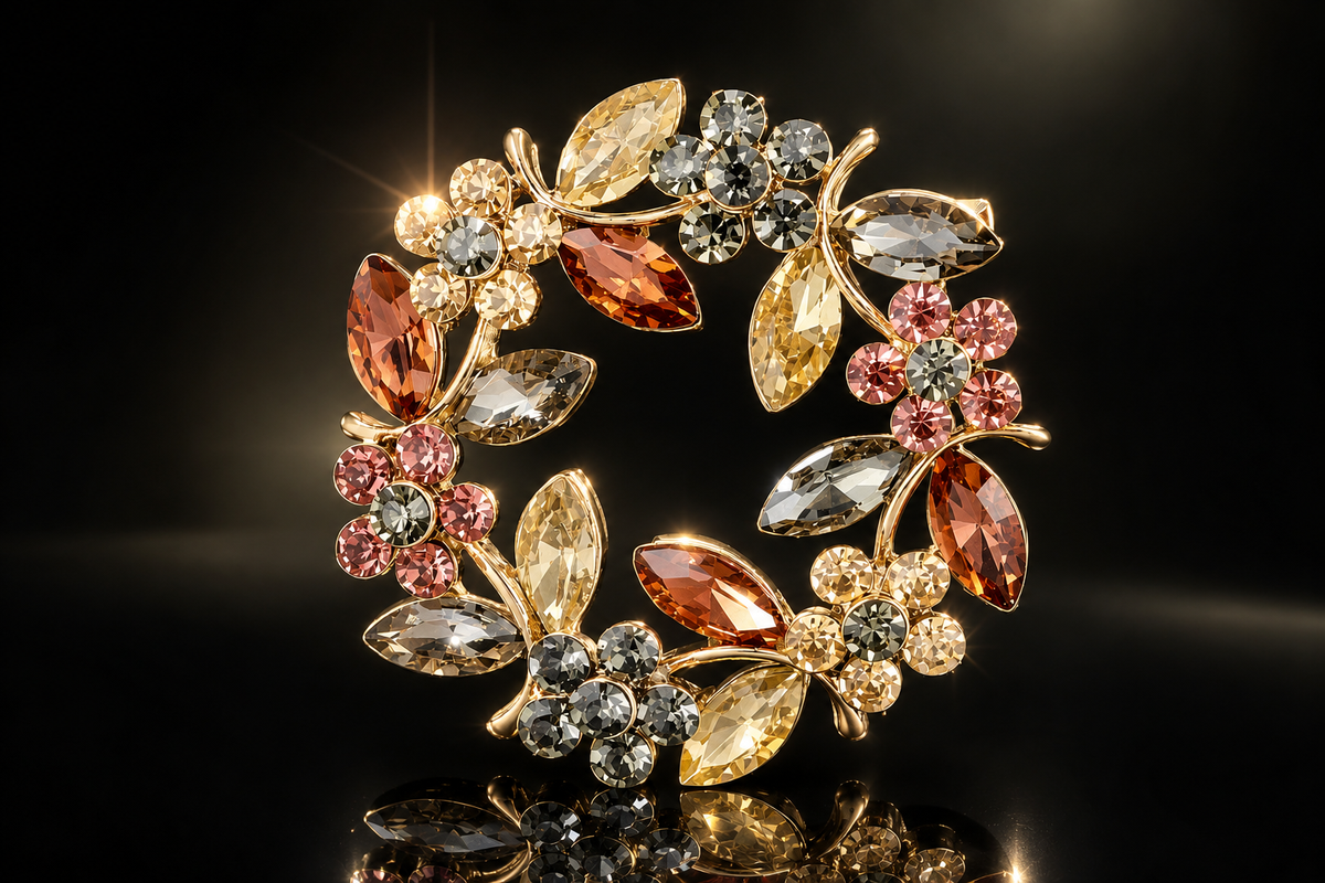 43 mm Yellow Gold Tone Crystal Wreath Brooch