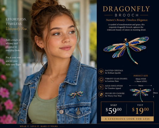 56mm Glass Enameled Crystal Accented Dragon Fly Brooch