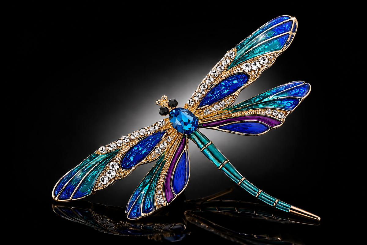 56mm Glass Enameled Crystal Accented Dragon Fly Brooch