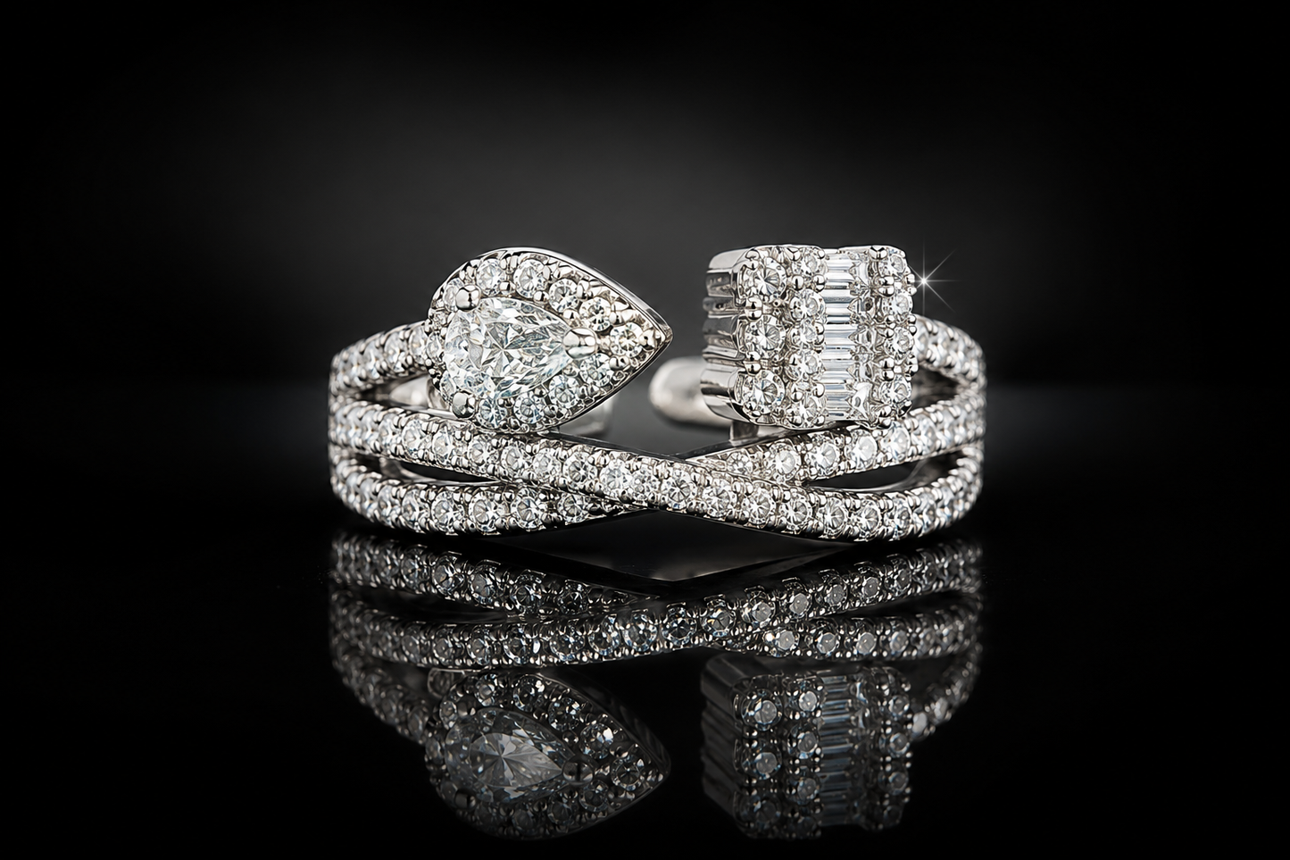 .95ctw LG White Sapphire Pear and Baguette Open Bypass Crossover Ring