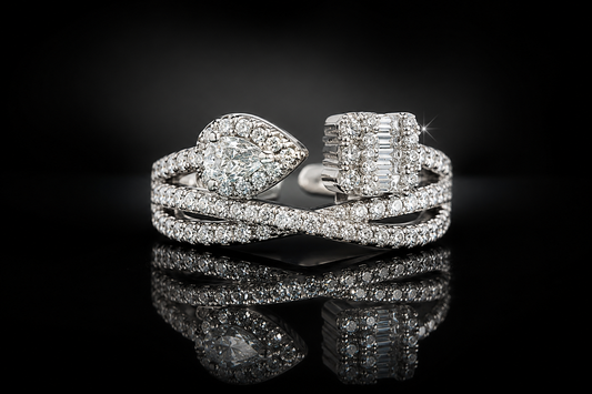 .95ctw LG White Sapphire Pear and Baguette Open Bypass Crossover Ring