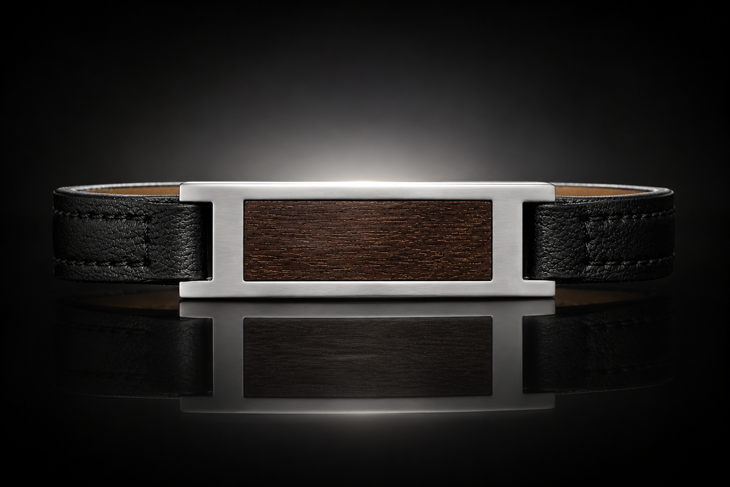 Men's Leather and Stainless Steel Bracelet with Wood Accent