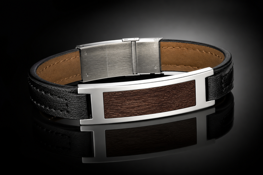 Men's Leather and Stainless Steel Bracelet with Wood Accent