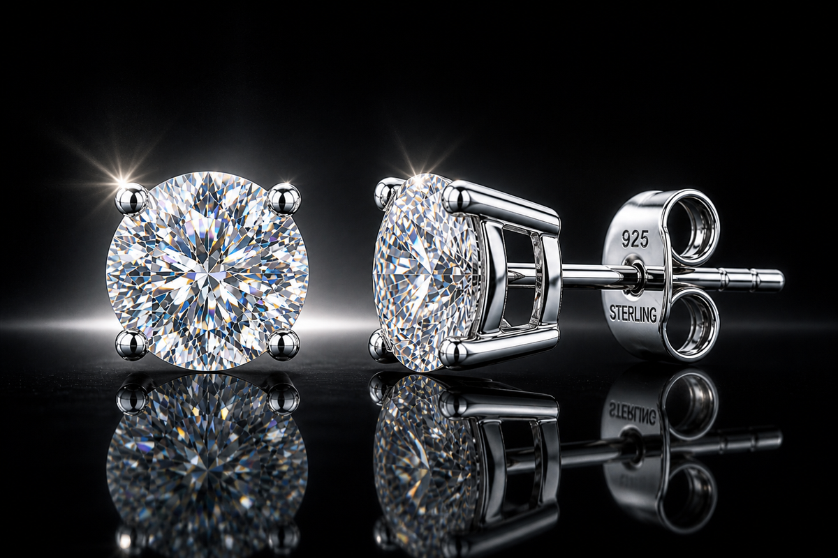 925 Rhodium Finished Sterling Silver 4 Prong Basket Set 1 ctw. LG Diamond Stud Earrings