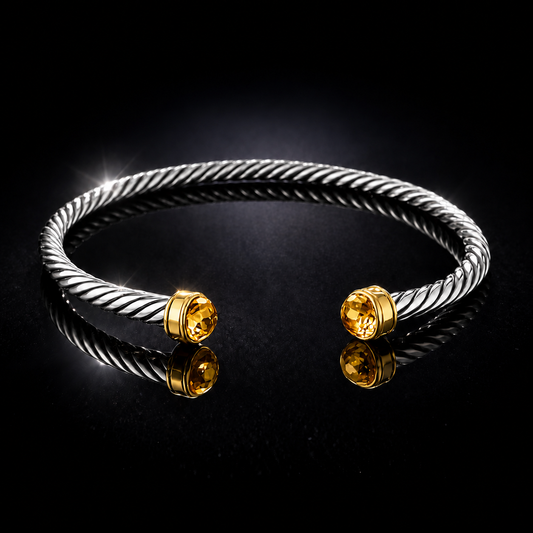 18K Yellow Gold & Sterling Silver Genuine Citrine Cable Cuff Bracelet