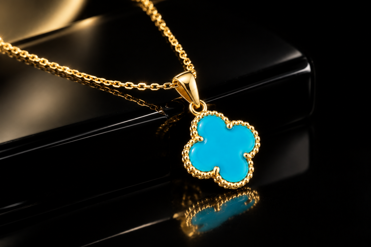 14K Yellow Gold 11.5mm Genuine Sleeping Beauty Turquoise Clover Pendant Necklace, 18"
