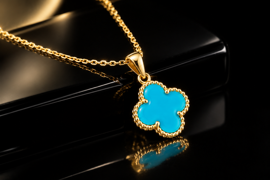 14K Yellow Gold 11.5mm Genuine Sleeping Beauty Turquoise Clover Pendant Necklace, 18"