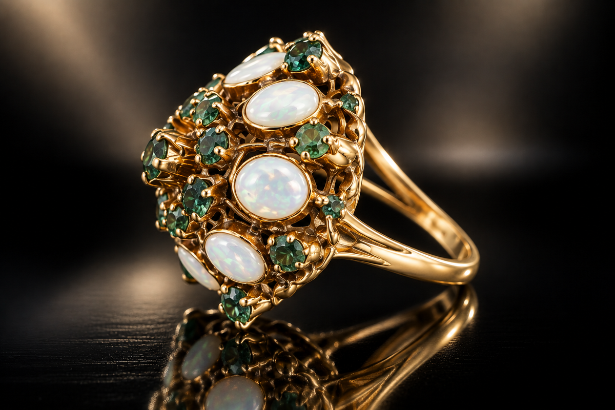 18K Yellow Gold Vintage Genuine Emerald & Opal Ring, Circa 1895-1905