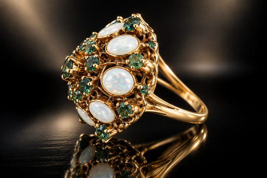 18K Yellow Gold Vintage Genuine Emerald & Opal Ring, Circa 1895-1905