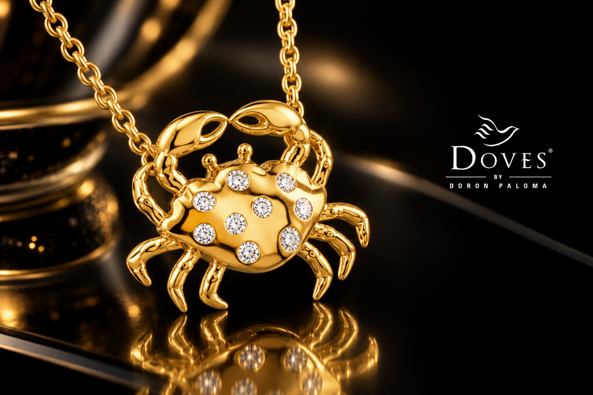 14K Yellow Gold 9 Diamond Studded Crab Necklace by Doron Paloma