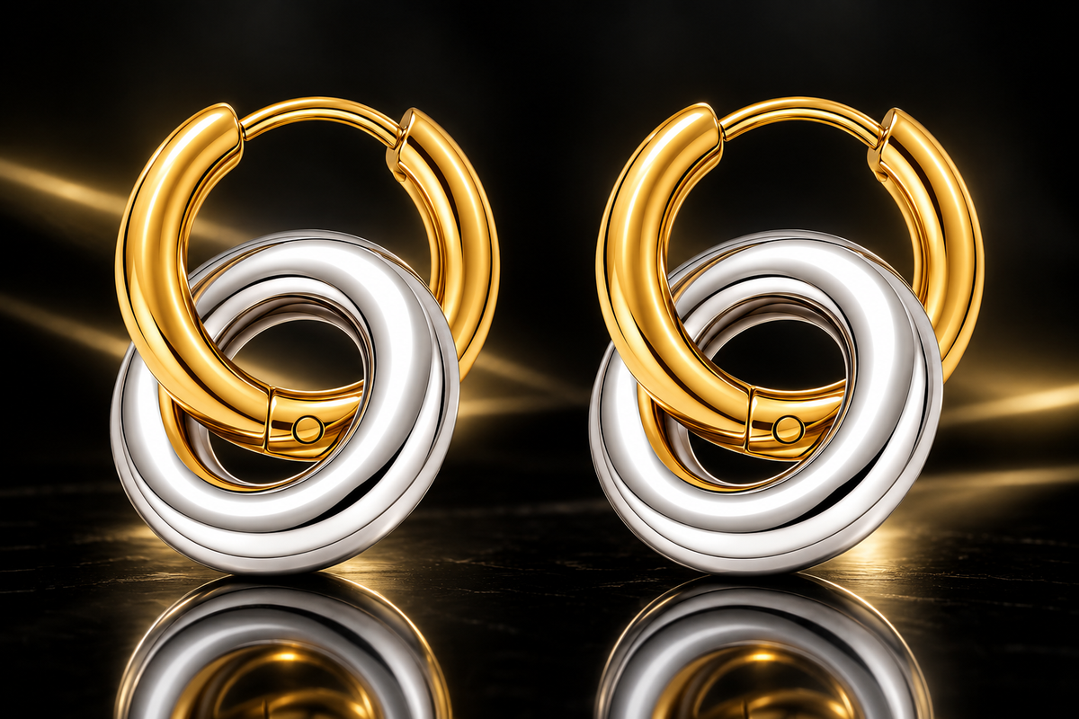18K Yellow Gold over Titanium Stainless Steel Two-Tone Convertible Earrings
