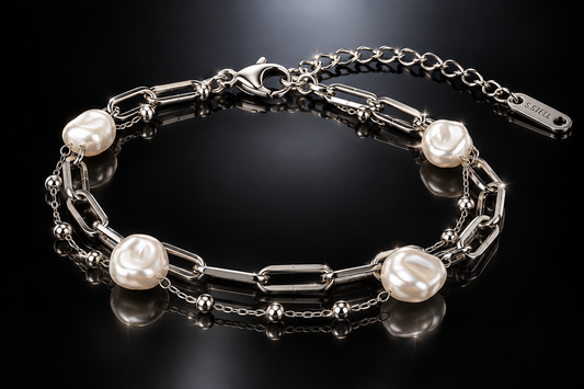 5mm Keshi Pearl Double Strand Paperclip & Bead Bracelet, 7.5"+2" ext.