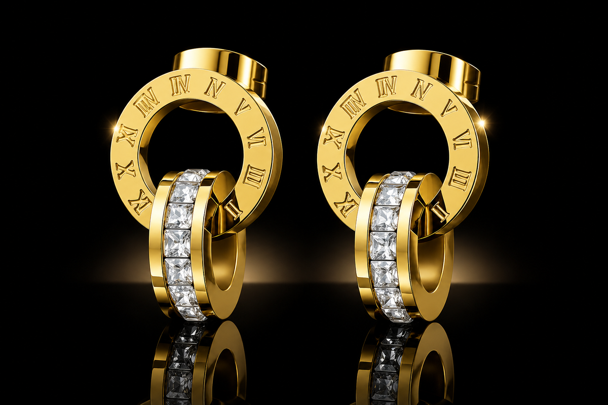 18K Yellow Gold over Titanium Stainless Steel Designer Inspired Crystal Accented Earrings