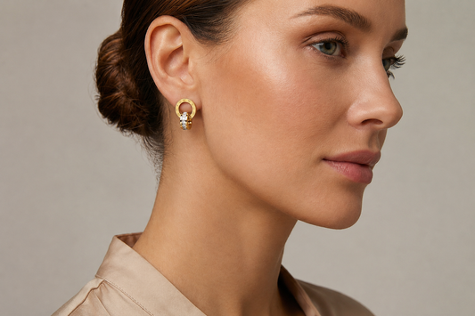 18K Yellow Gold over Titanium Stainless Steel Designer Inspired Crystal Accented Earrings