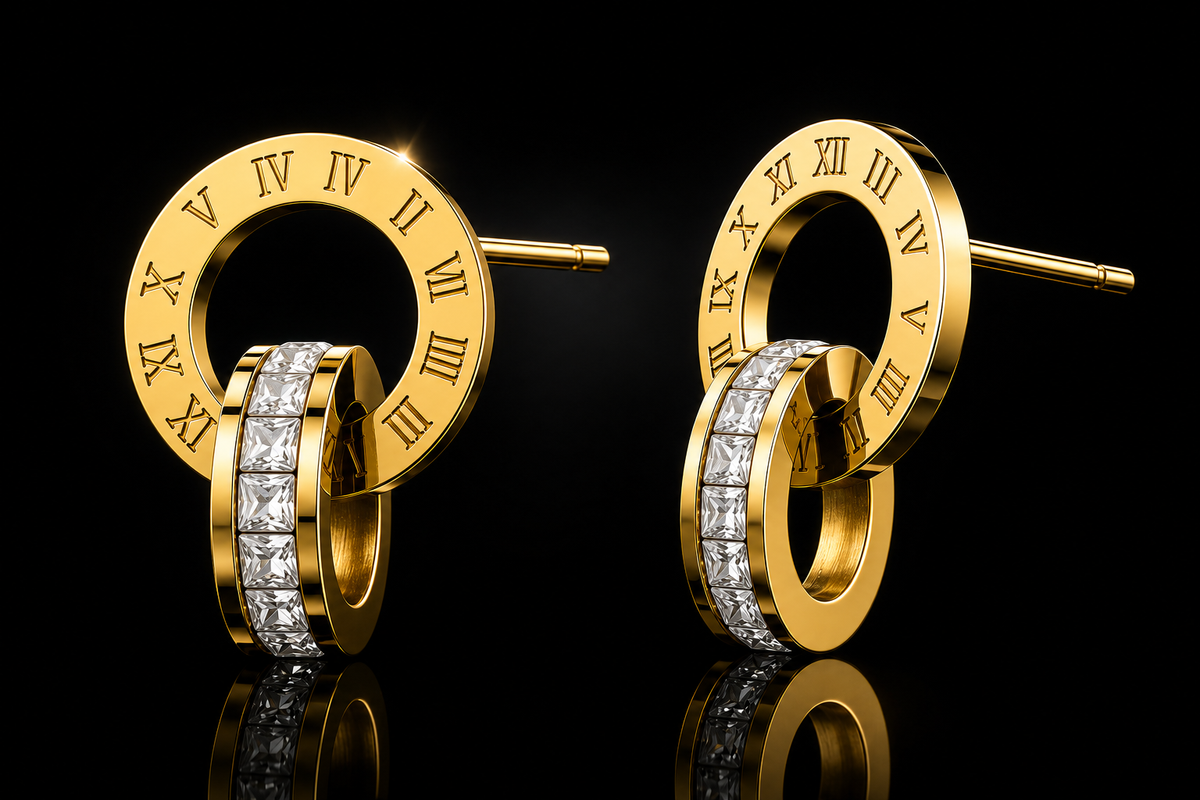 18K Yellow Gold over Titanium Stainless Steel Designer Inspired Crystal Accented Earrings