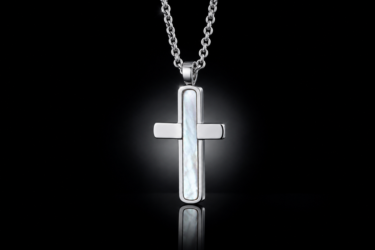 Genuine Mother-of-Pearl Inlay Stainless Steel Cross Necklace, 32x20mm, 22" Chain