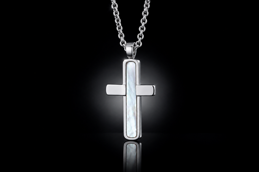 Genuine Mother-of-Pearl Inlay Stainless Steel Cross Necklace, 32x20mm, 22" Chain