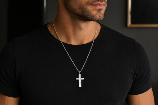 Genuine Mother-of-Pearl Inlay Stainless Steel Cross Necklace, 32x20mm, 22" Chain