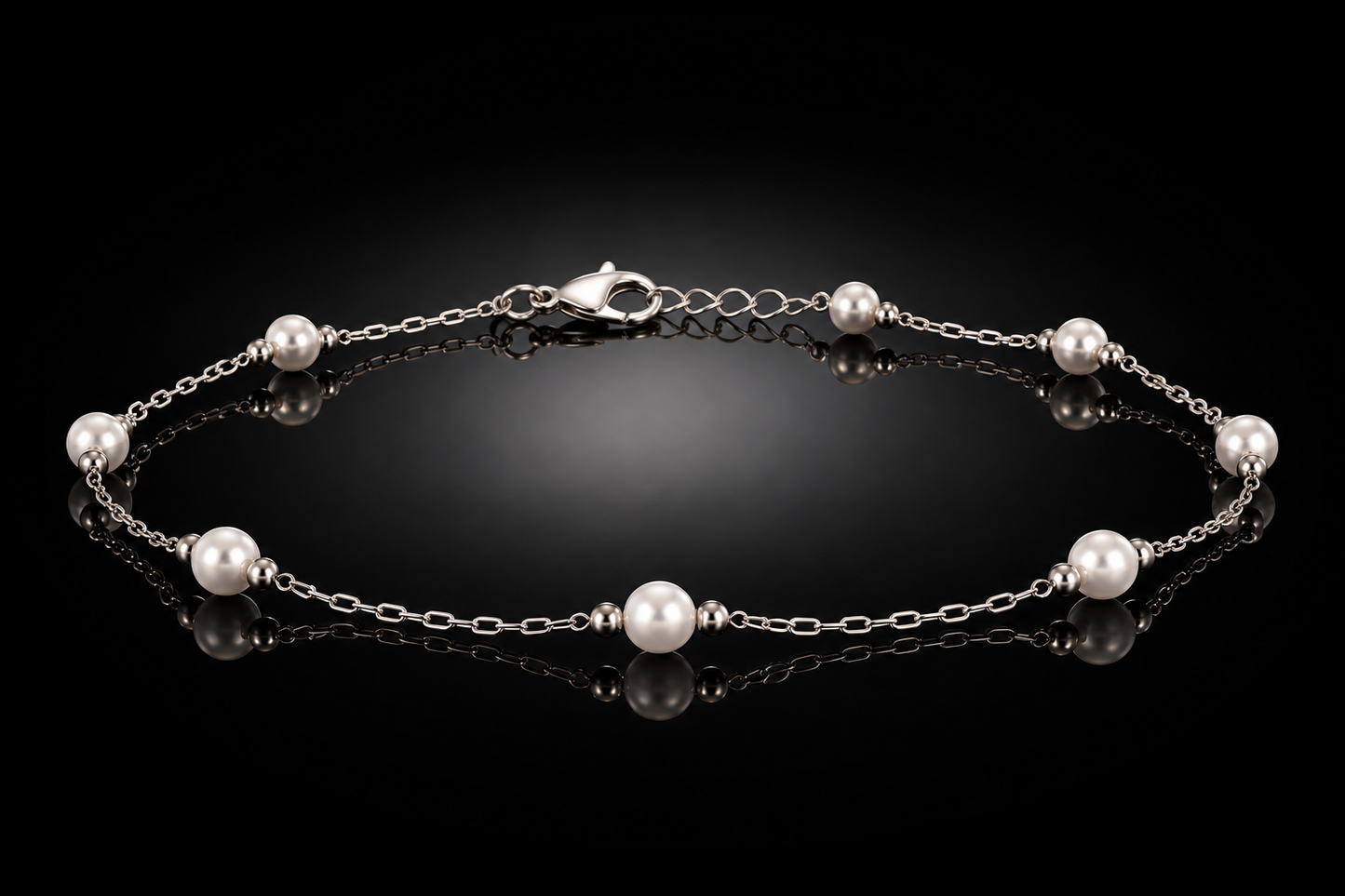 Genuine Freshwater Pearl Station Anklet in Polished Stainless Steel