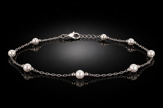 Genuine Freshwater Pearl Station Anklet in Polished Stainless Steel