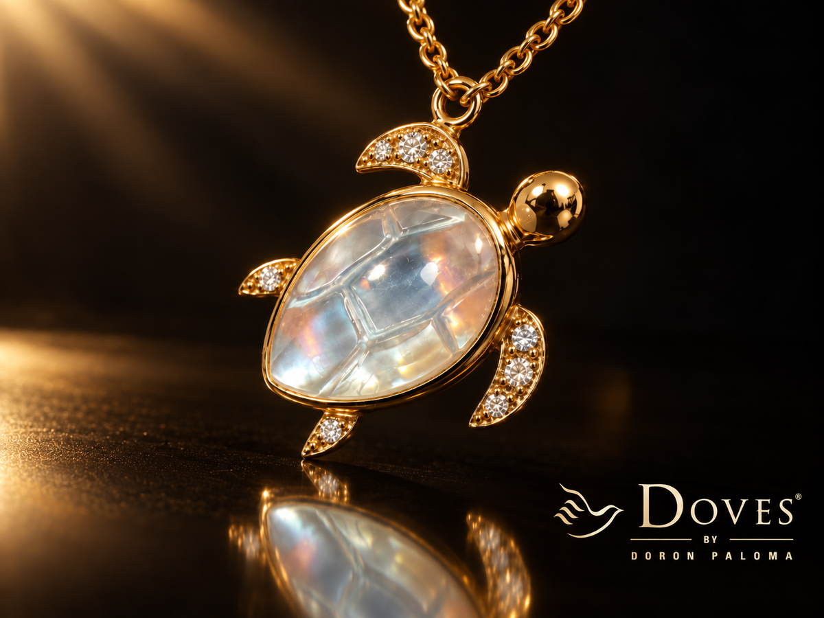 Doves 14 kt. Yellow Gold Carved Mother-of-Pearl & Diamond Turtle Pendant & Chain - 1627