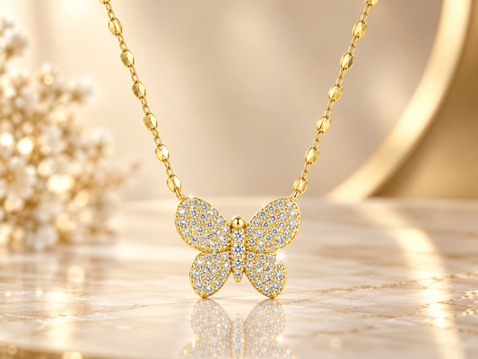 925/14kt. Sterling Silver LG White Sapphire Pavé Butterfly Pendant with 18" Mirror Link Chain - 1628 - 1629