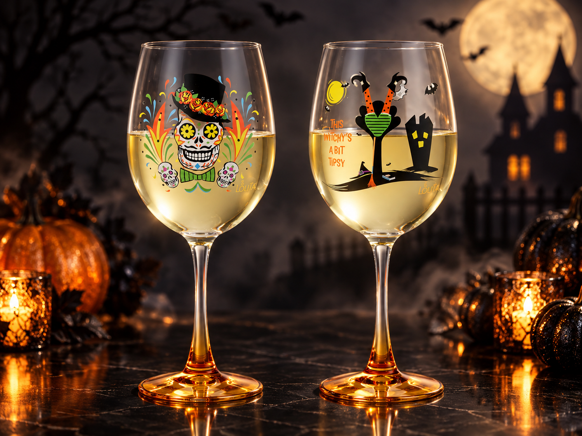 15oz Hand-Painted Halloween Wine Glasses by Lolita Sugar Skull & Tipsy Witch