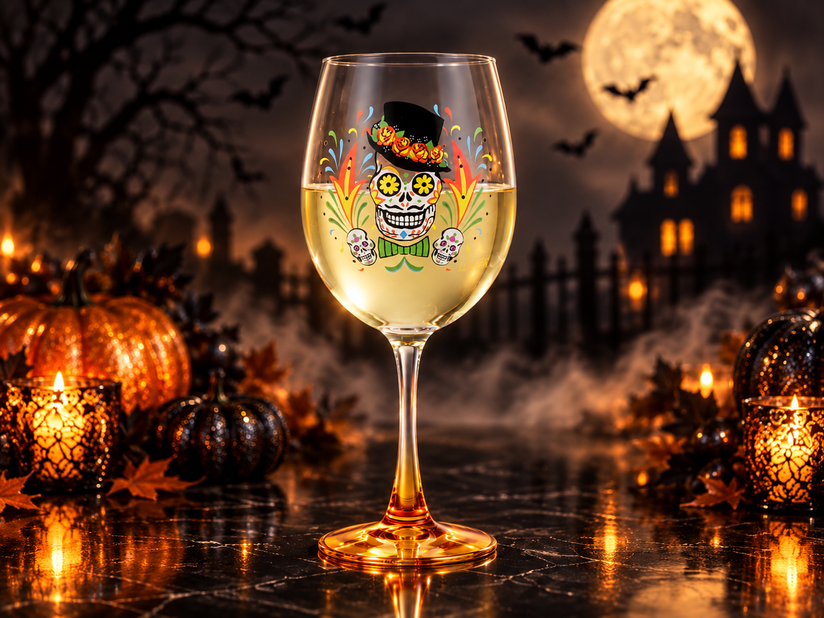 15oz Hand-Painted Halloween Wine Glasses by Lolita Sugar Skull & Tipsy Witch