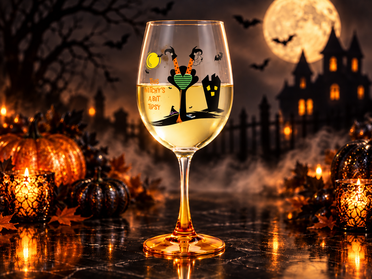 15oz Hand-Painted Halloween Wine Glasses by Lolita Sugar Skull & Tipsy Witch