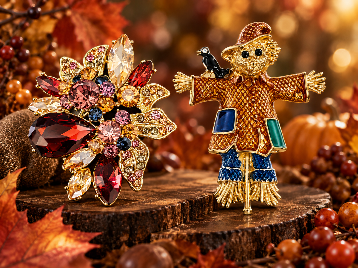 Fabulous Fall Crystal & Enamel Brooches Crystal Flower & Scarecrow