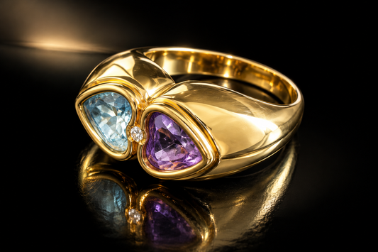 14K Yellow Gold 3.55 ctw Aquamarine, Amethyst and Diamond Ring
