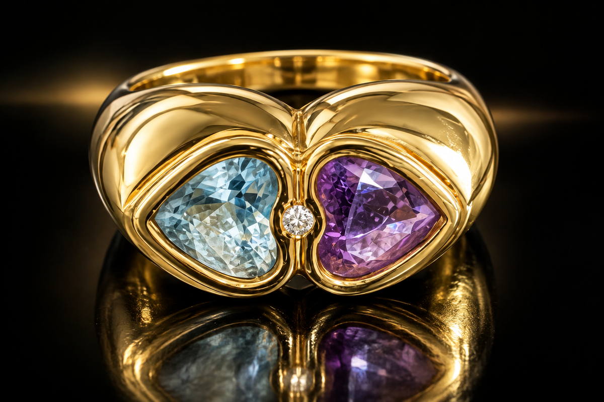 14K Yellow Gold 3.55 ctw Aquamarine, Amethyst and Diamond Ring
