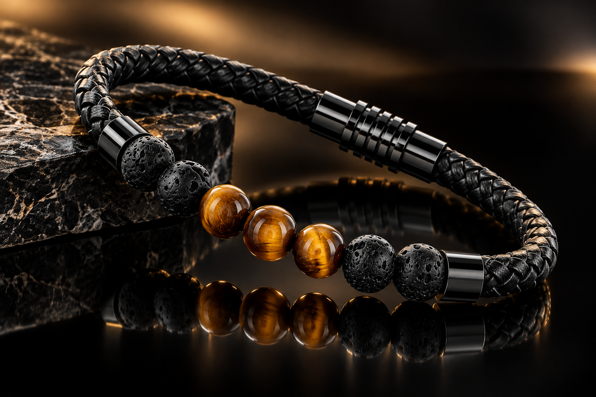 Genuine Leather, Tiger's Eye and Volcanic Rock 8mm Bead Bracelet