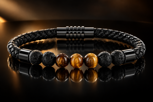 Genuine Leather, Tiger's Eye and Volcanic Rock 8mm Bead Bracelet