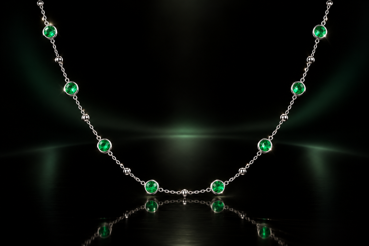925 Triple Rhodium Finished 2 ctw Lab Created Emerald Station Necklace, 22"+2"