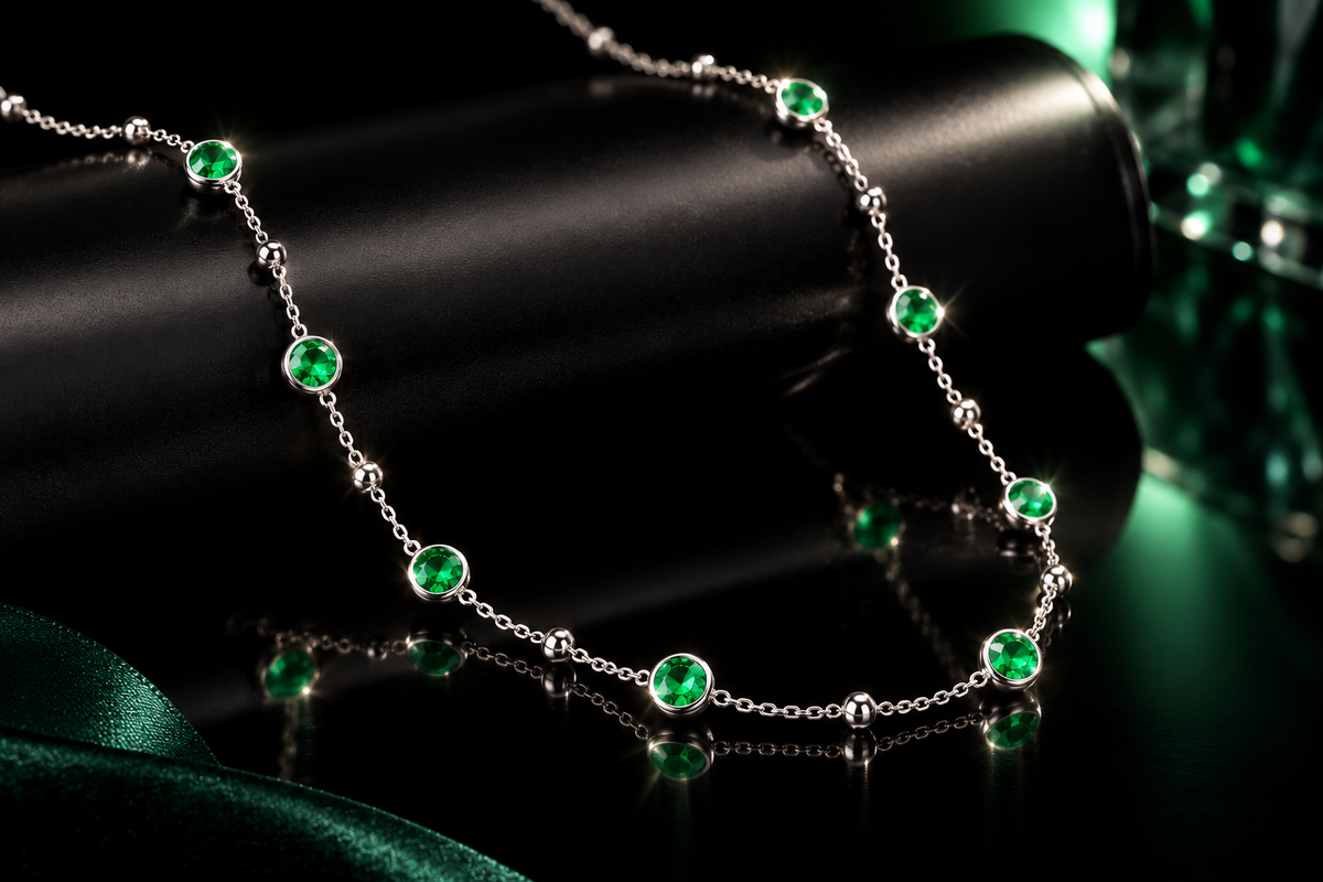 925 Triple Rhodium Finished 2 ctw Lab Created Emerald Station Necklace, 22"+2"