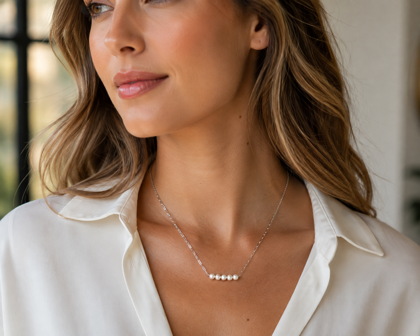 Sterling Silver Freshwater Pearl Bar Necklace with Paperclip Chain