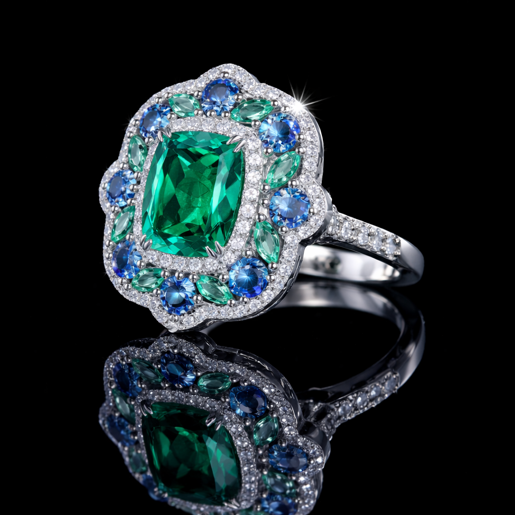 925 Platinum Finished Sterling Silver 5 CTW Emerald, Tanzanite & White Crystalline Ring by Anna Zuckerman