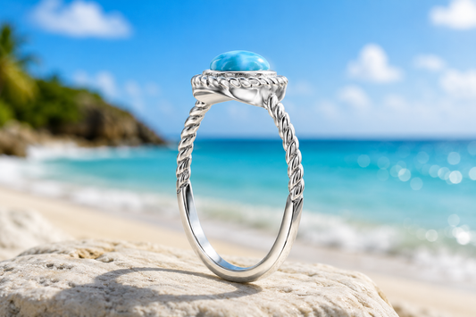 Sterling Silver Round Larimar Rope Design Ring