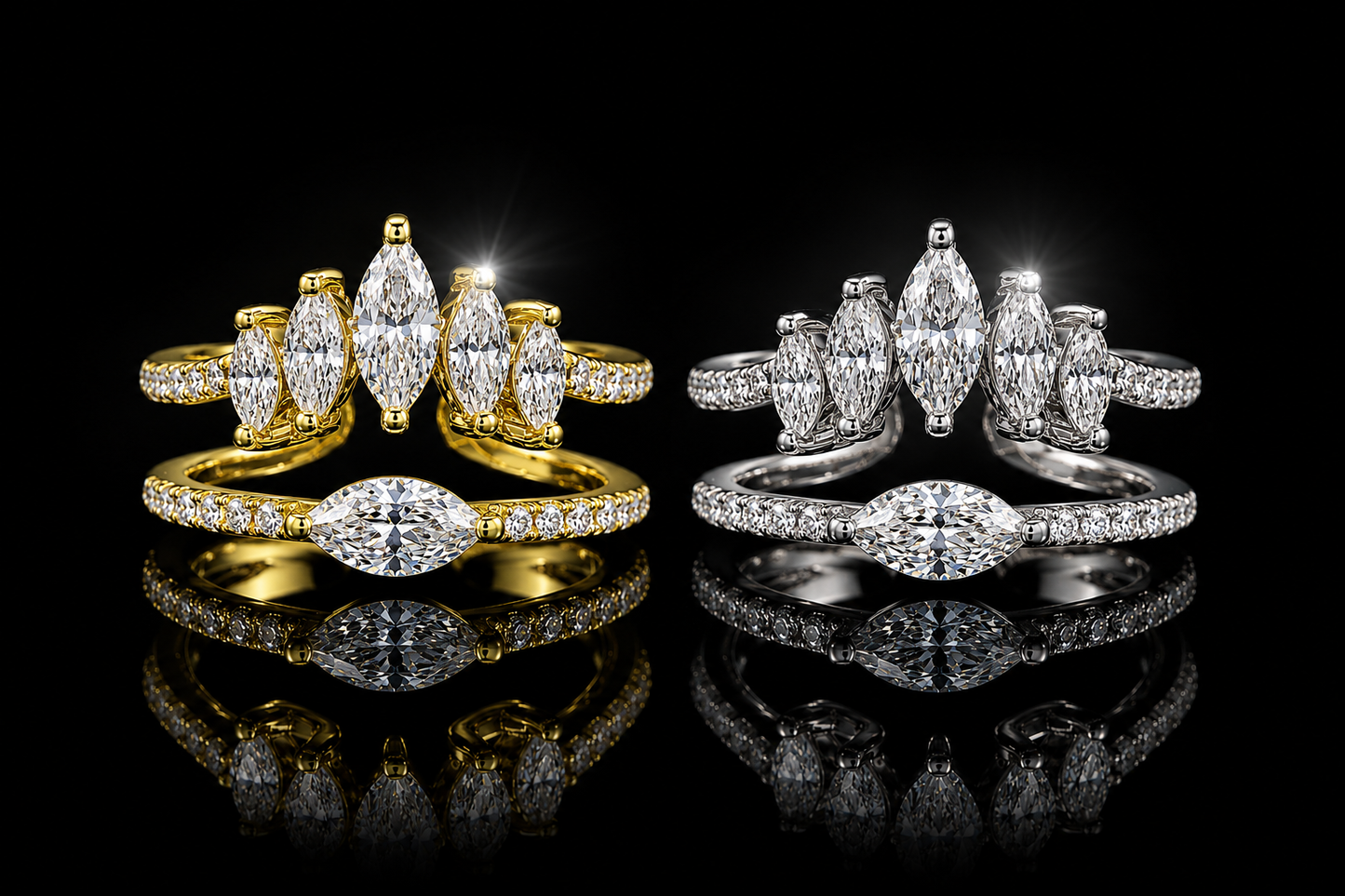 14 kt./Rhodium Finished 1.50 ctw. Cubic Zirconia Marquise Adjustable Stack Ring