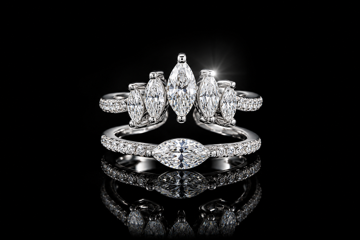 14 kt./Rhodium Finished 1.50 ctw. Cubic Zirconia Marquise Adjustable Stack Ring