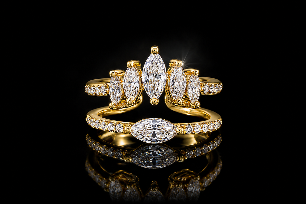 14 kt./Rhodium Finished 1.50 ctw. Cubic Zirconia Marquise Adjustable Stack Ring