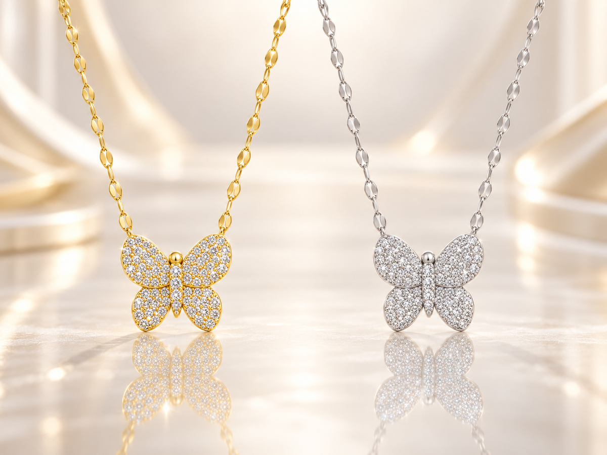 925/14kt. Sterling Silver LG White Sapphire Pavé Butterfly Pendant with 18" Mirror Link Chain - 1628 - 1629