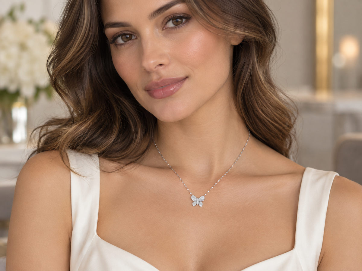 925/14kt. Sterling Silver LG White Sapphire Pavé Butterfly Pendant with 18" Mirror Link Chain - 1628 - 1629