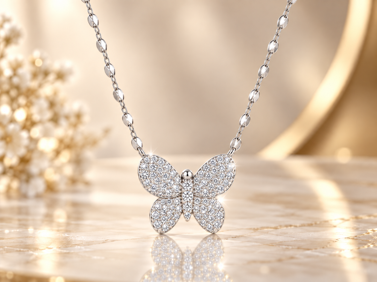 925/14kt. Sterling Silver LG White Sapphire Pavé Butterfly Pendant with 18" Mirror Link Chain - 1628 - 1629
