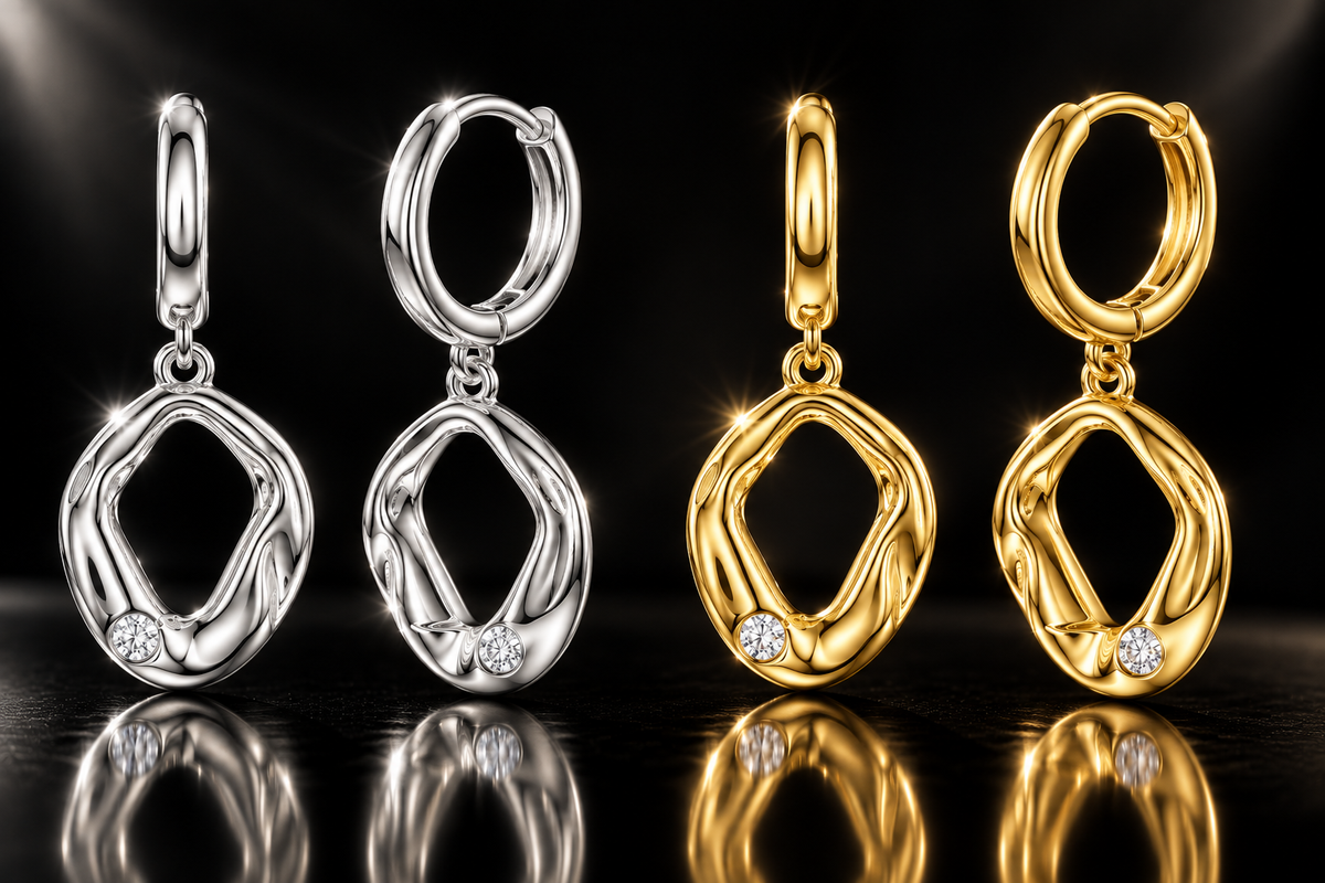 925 Sterling Silver Organic Textured White Sapphire Huggie Drop Earrings - 1618 - 1619